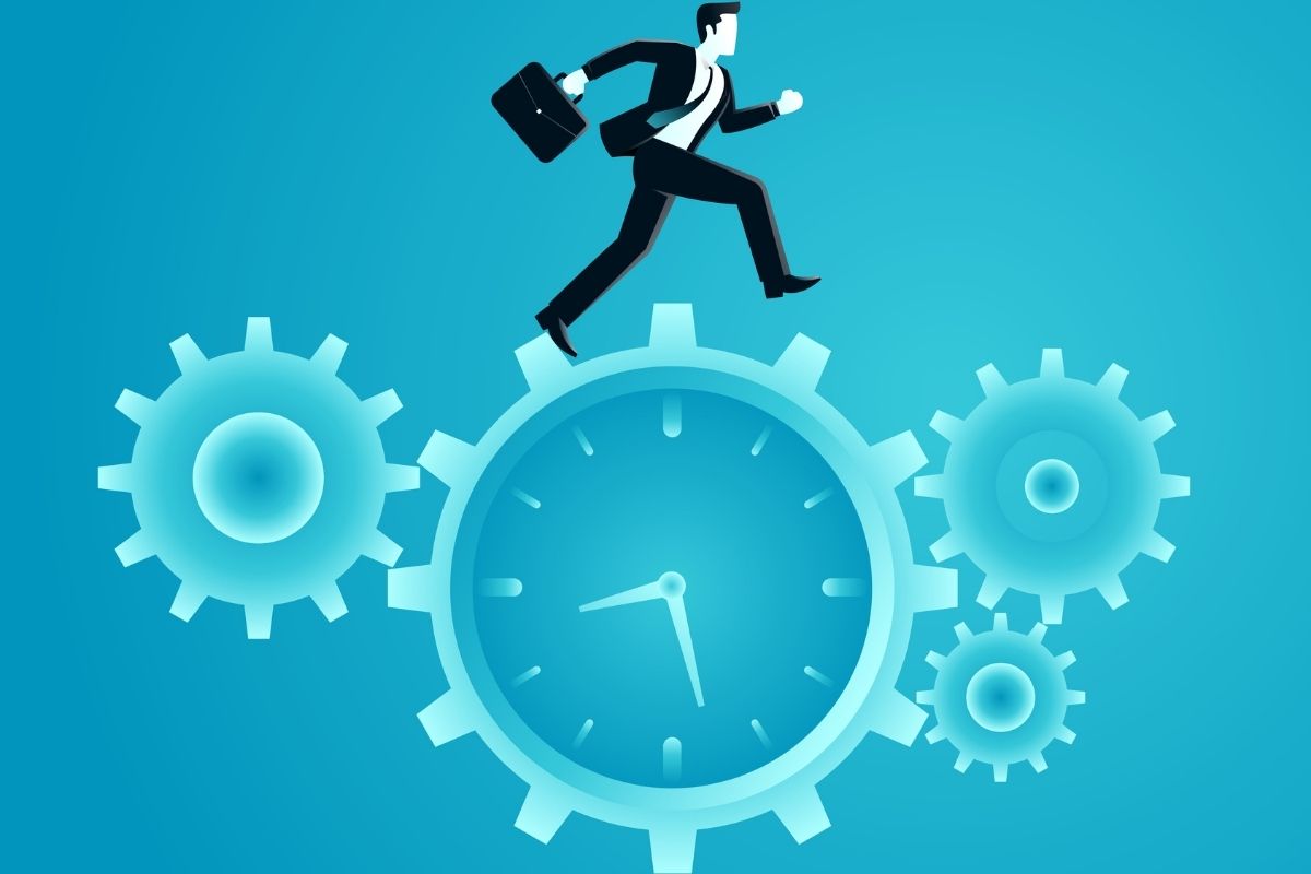 歯車の上を走る男性のイラスト