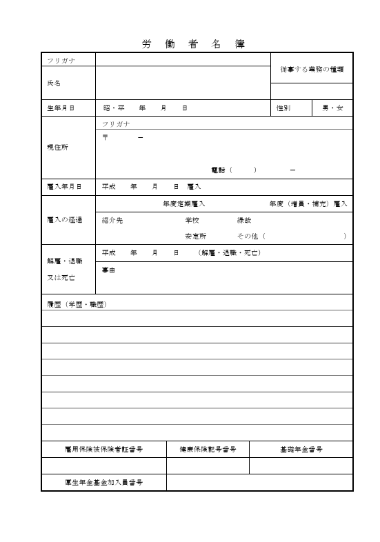 従業員名簿のテンプレート