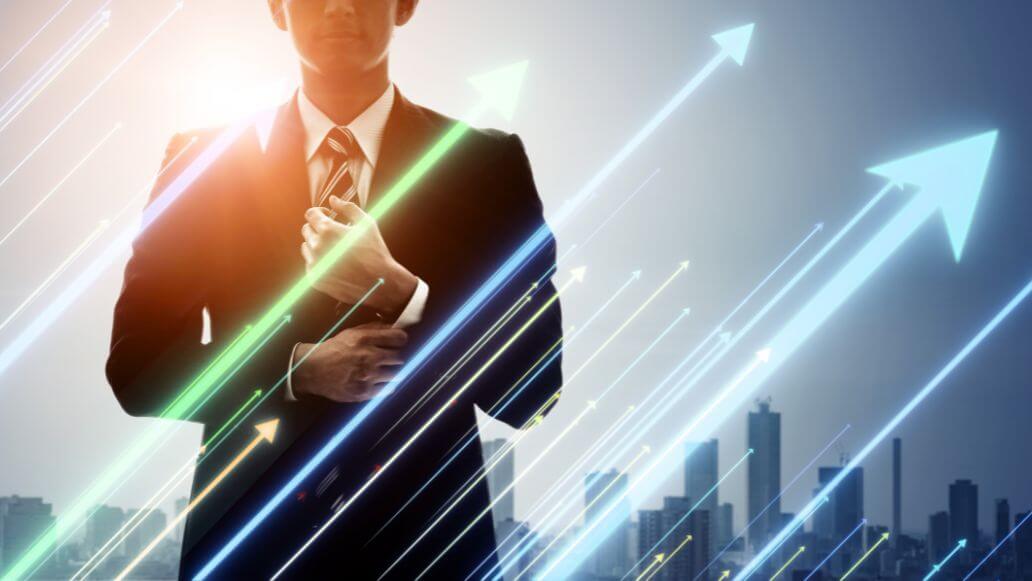 サラリーマンと右上を示す矢印