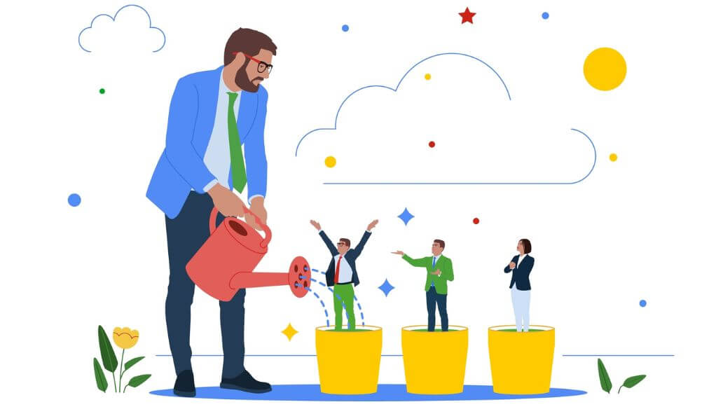 成長の才能のあるスタッフに苗ポットを育てるビジネスマン